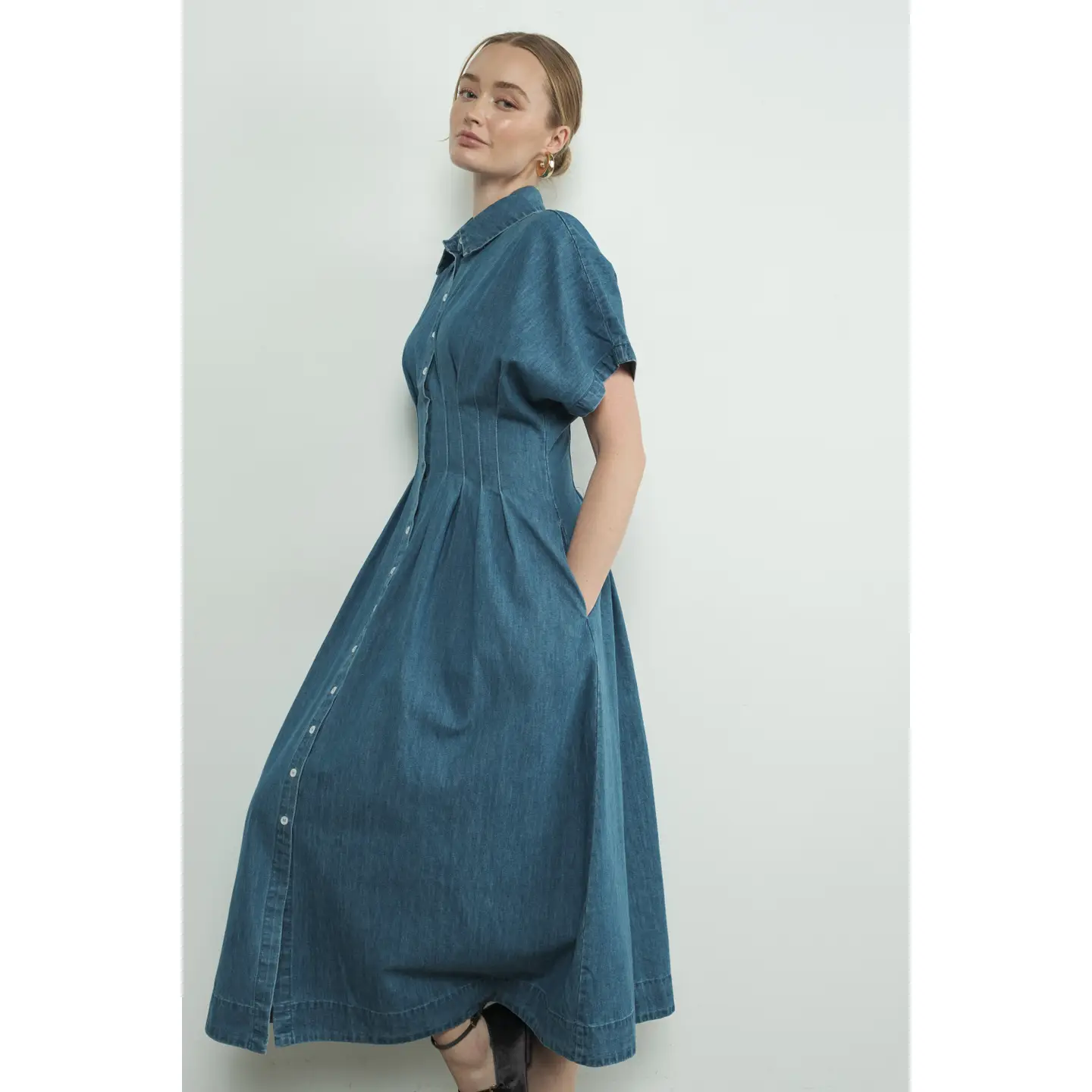 Button Front Pleated Shirts Midi Dress