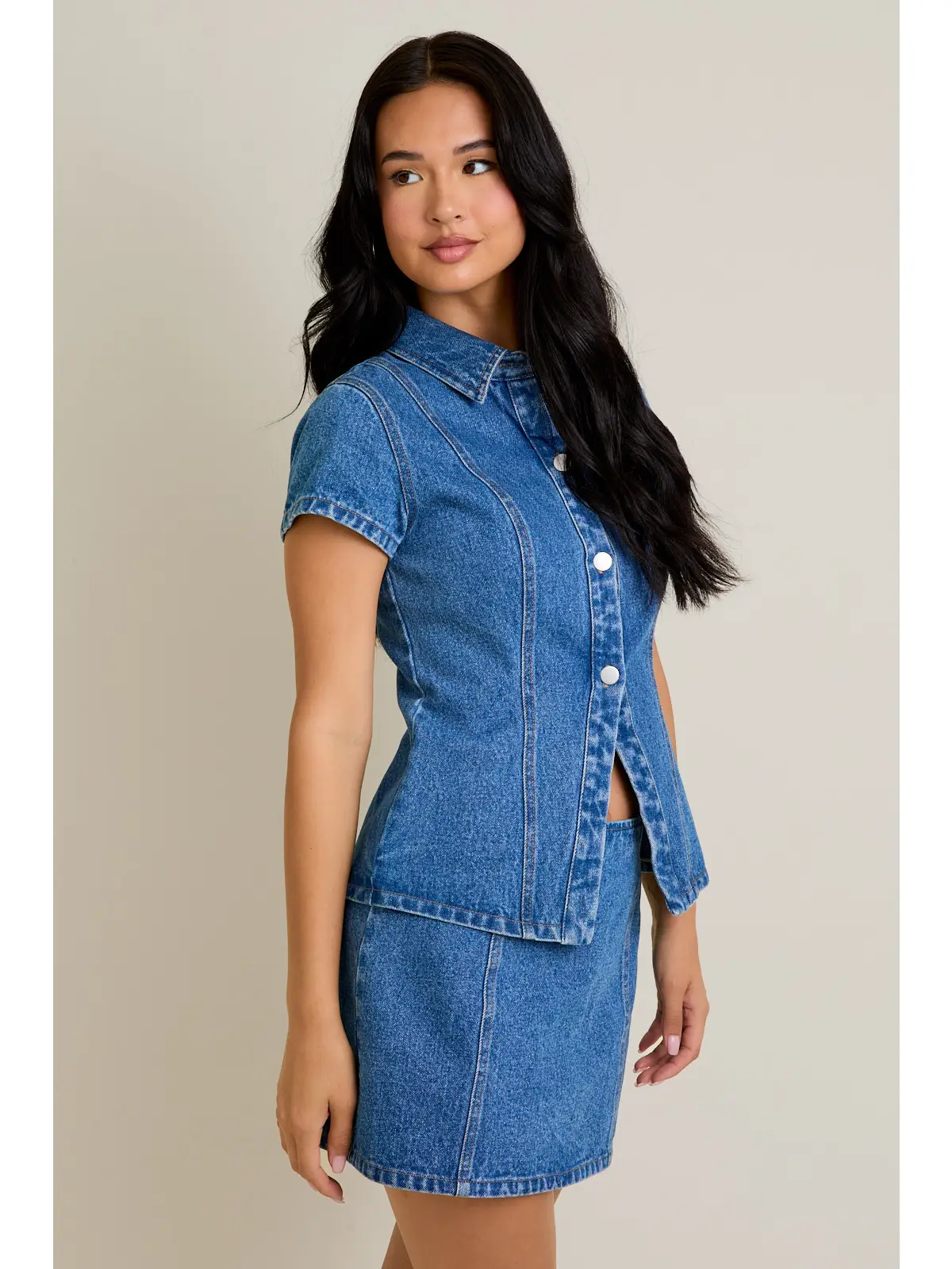 Short Sleeve Button Front Denim Top