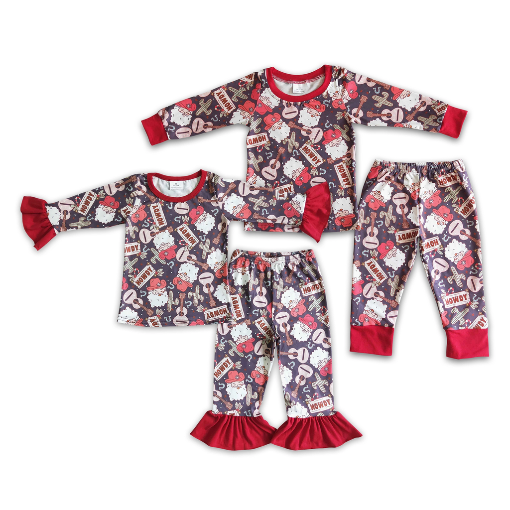 Howdy Santa Guitar Cactus Kids Western Christmas Pajamas Girls