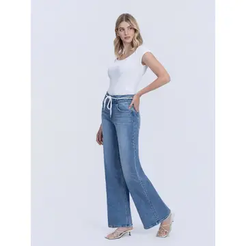 High Rise Double Buttons Drawstring Wide Leg Jeans