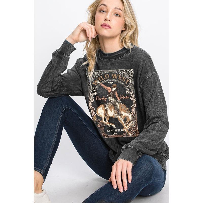 WILD WEST COWBOY RODEO STAY WILD WASHED LONG SLEEVE SWEATSHIRT - BLACK