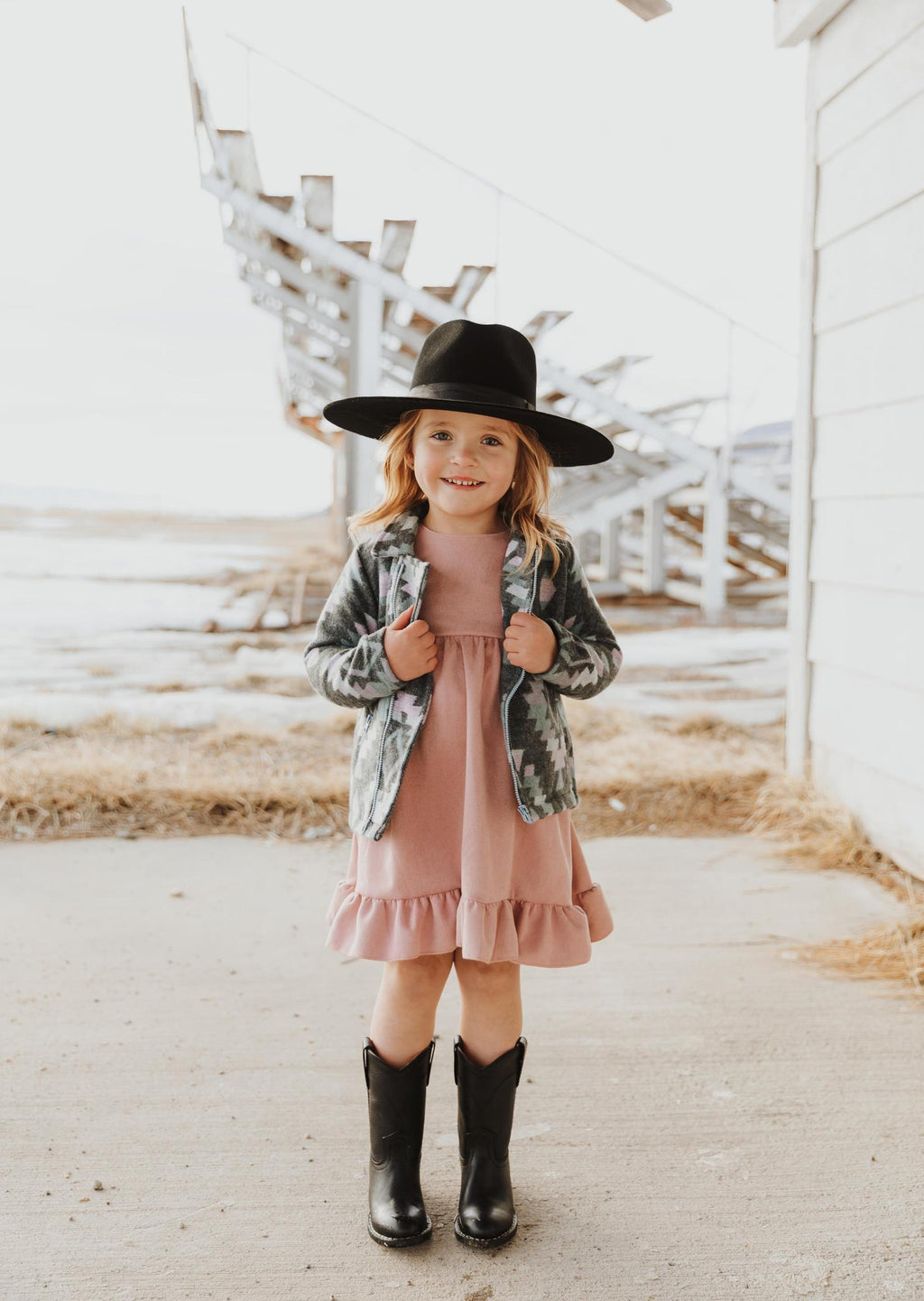 GIRLS PINK SUEDE RUFFLE GIRLS DRESS