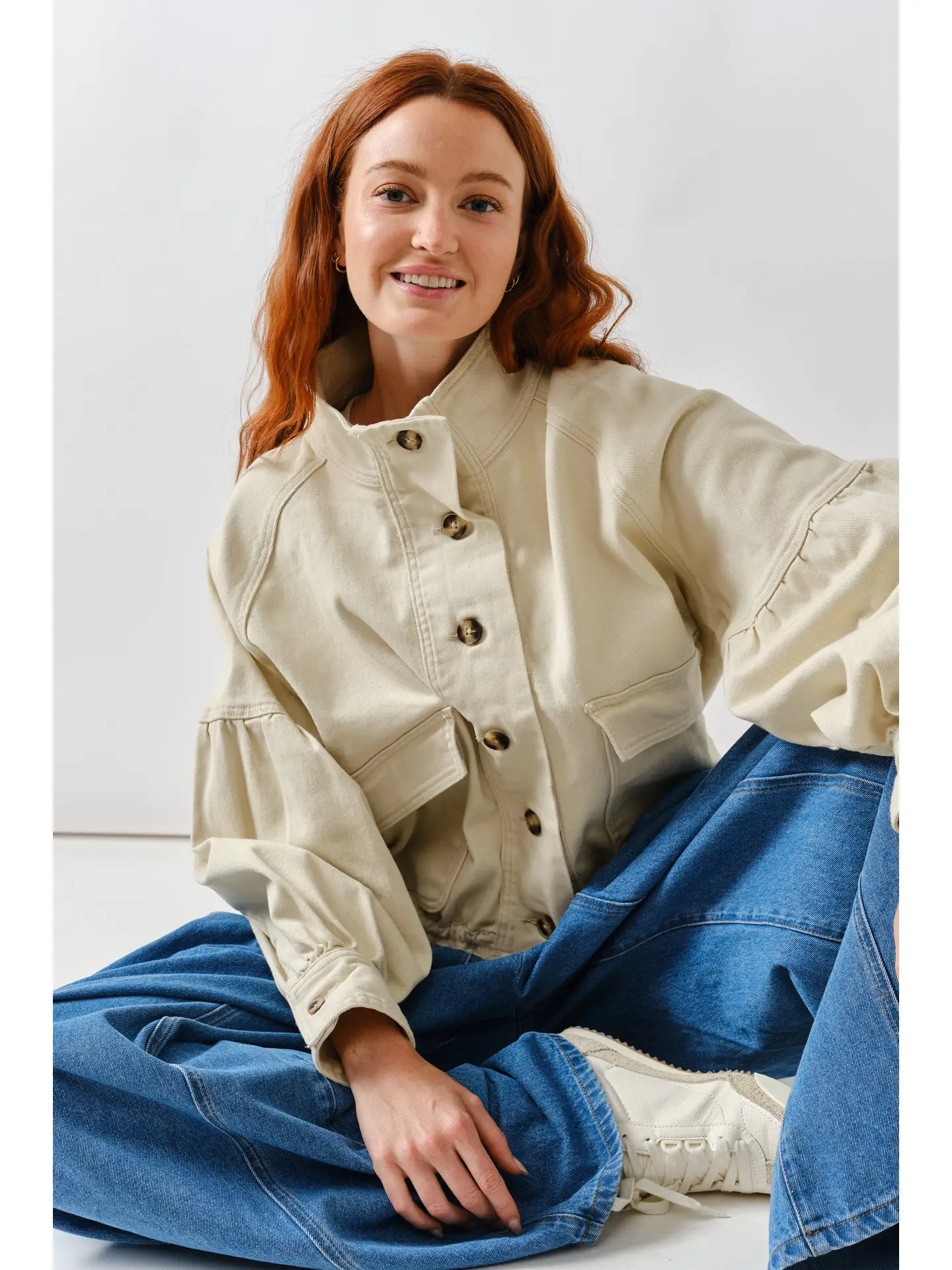 Ballon Sleeve Twill Jacket Drawsting Waist
