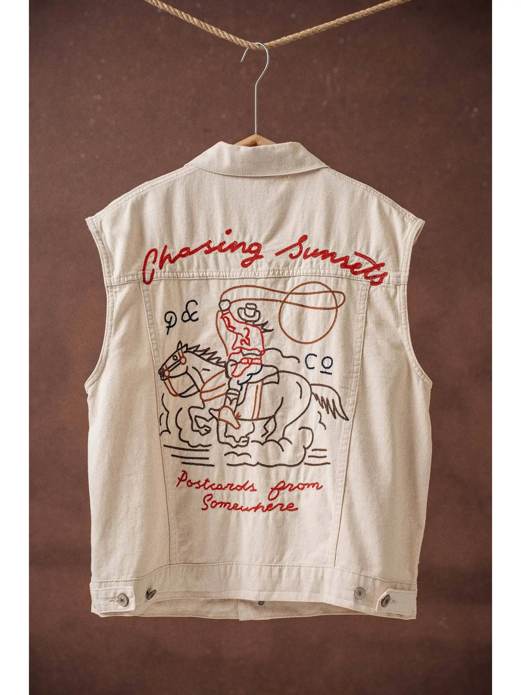 Western Sunset Embroidered Denim Vest - OATMEAL