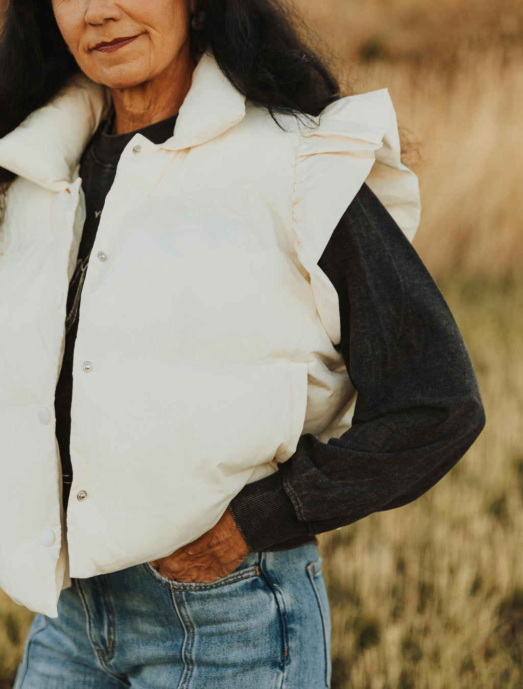 Ruffle Sleeve Crop Down Vest - Cream