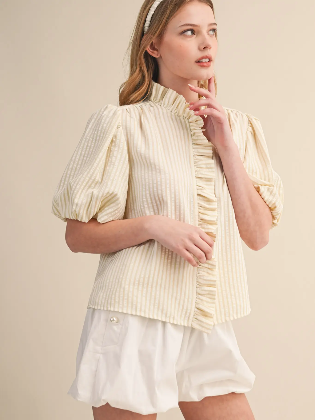 Striped Ruffled Button Down Top - LIGHT TAUPE