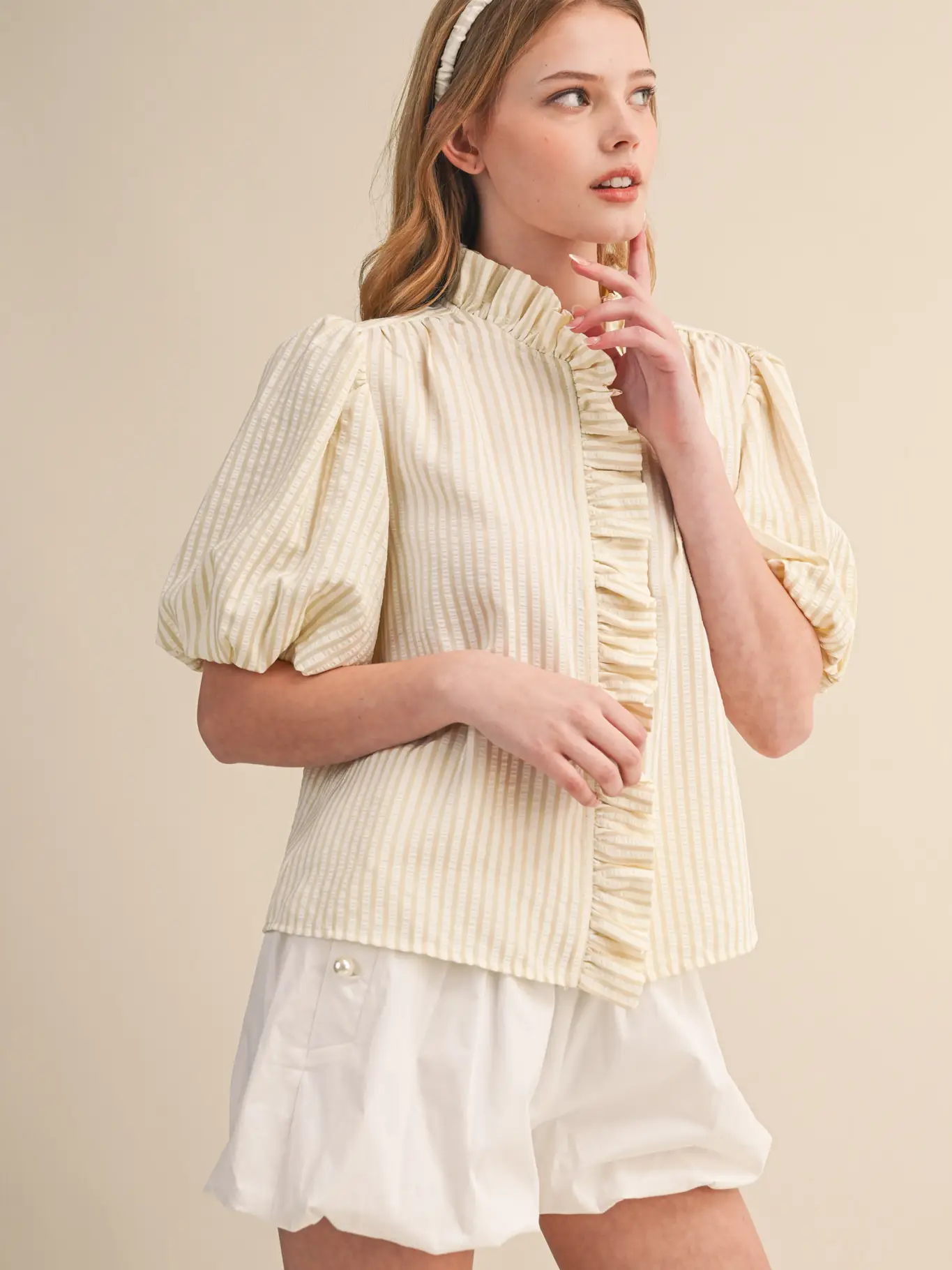 Striped Ruffled Button Down Top - LIGHT TAUPE