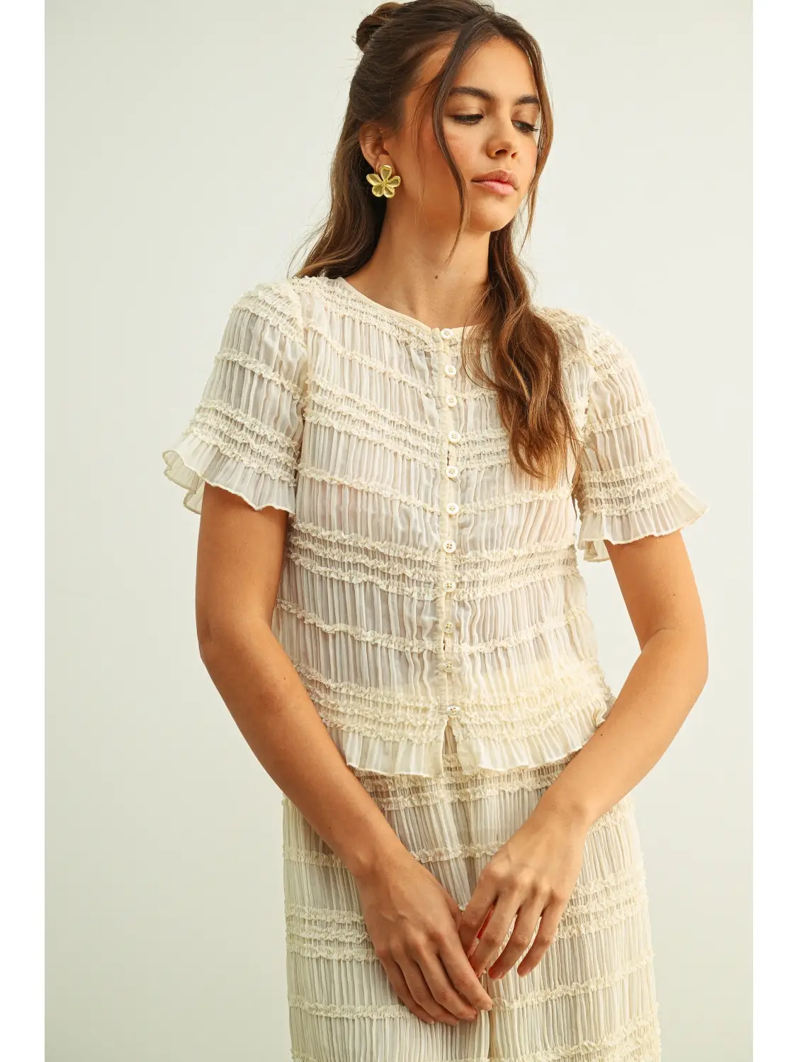 Chiffon Short Sleeve Button Front Top - BEIGE