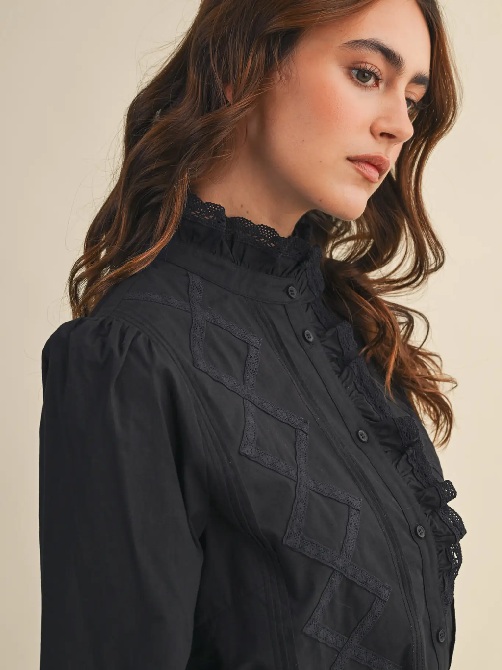 Ruffled Lace Trim Button Down Top - Black