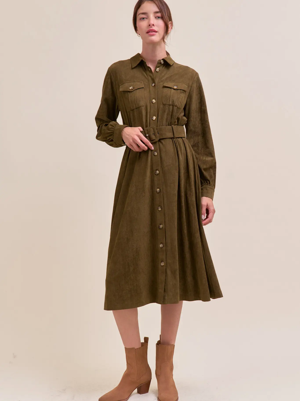 Suede Shirt Dress - ECRU