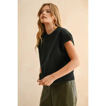 Loose Fit Short Sleeve Sweater Top - BLACK