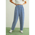 Gingham Pattern Elastic Band Waist Pants - BLUE/WHITE