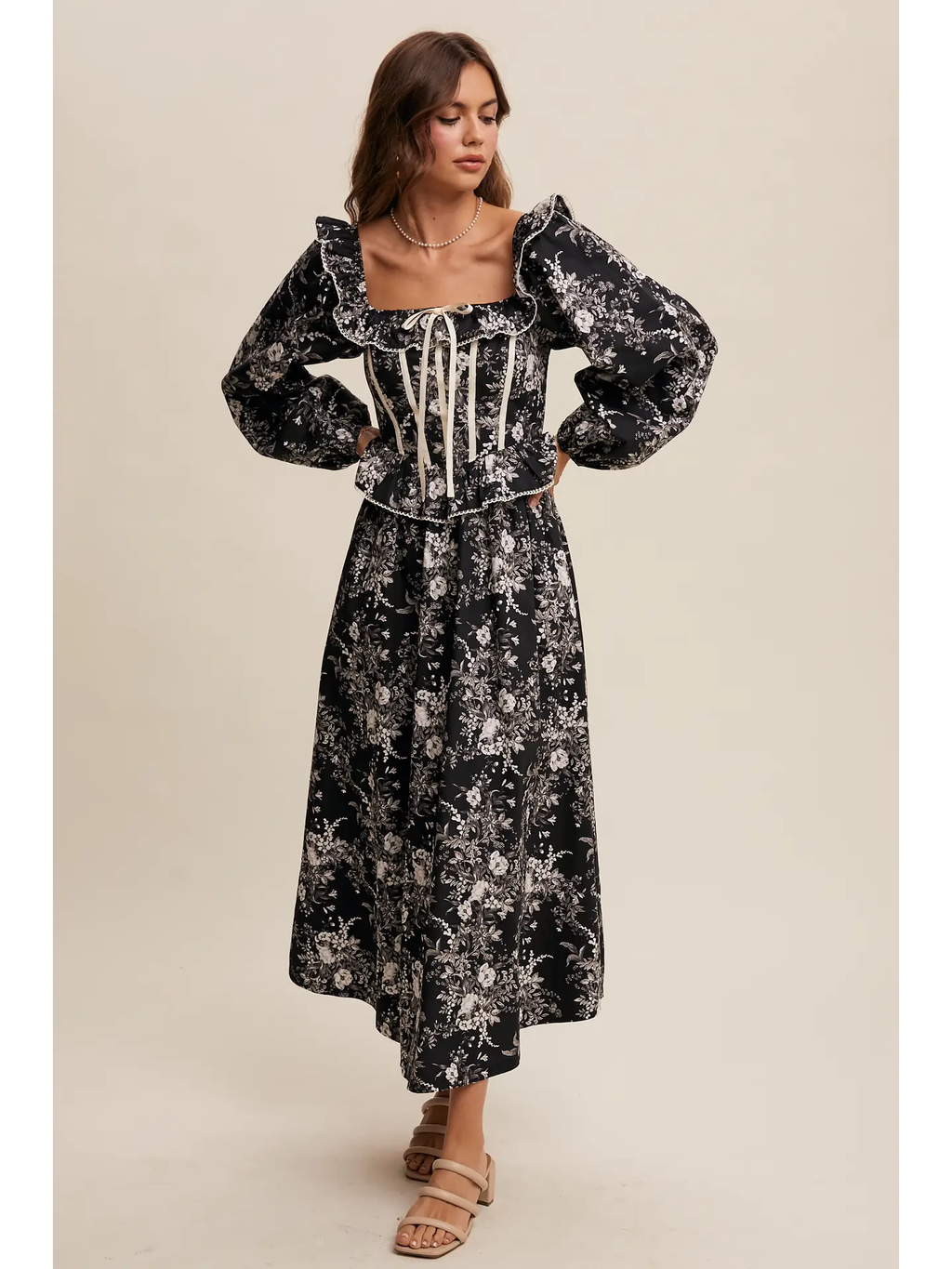 Floral Corset Ruffle Midi Dress - BLACK