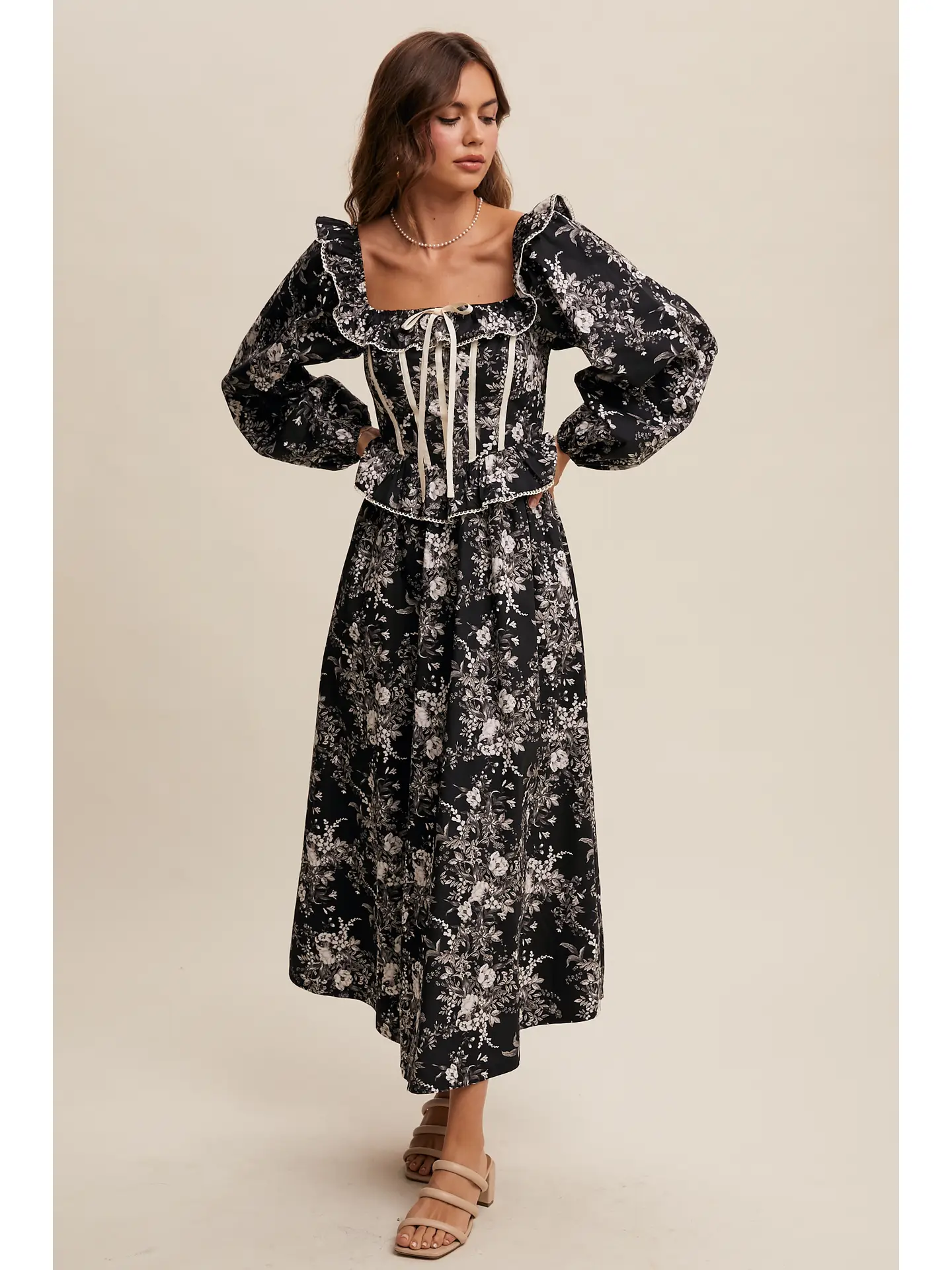 Floral Corset Ruffle Midi Dress - BLACK