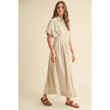 Striped Buttondown Shirt Dress - Tan Stripe