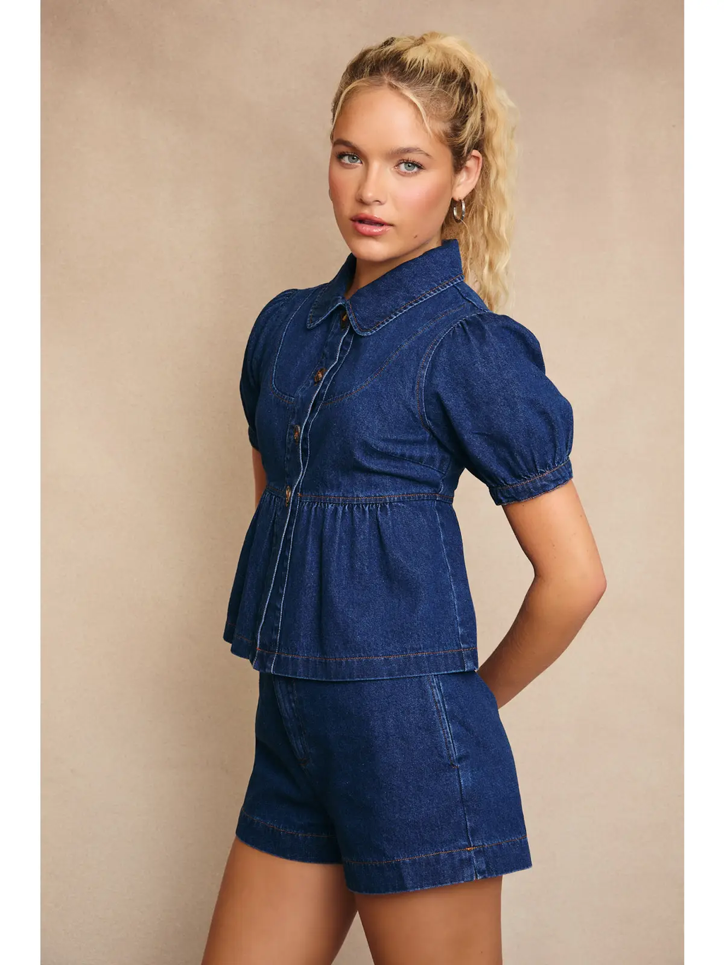 Peter Pan Collar Puff Sleeve Denim Top with Mid Rise Shorts