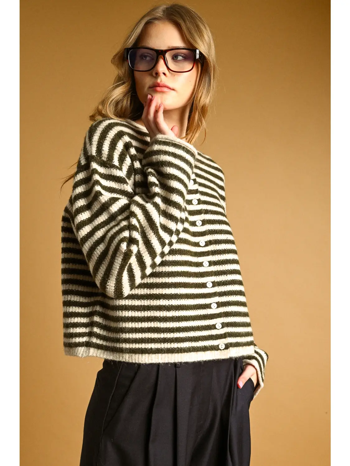Striped Button Front Sweater Cardigan - OLIVE/OAT