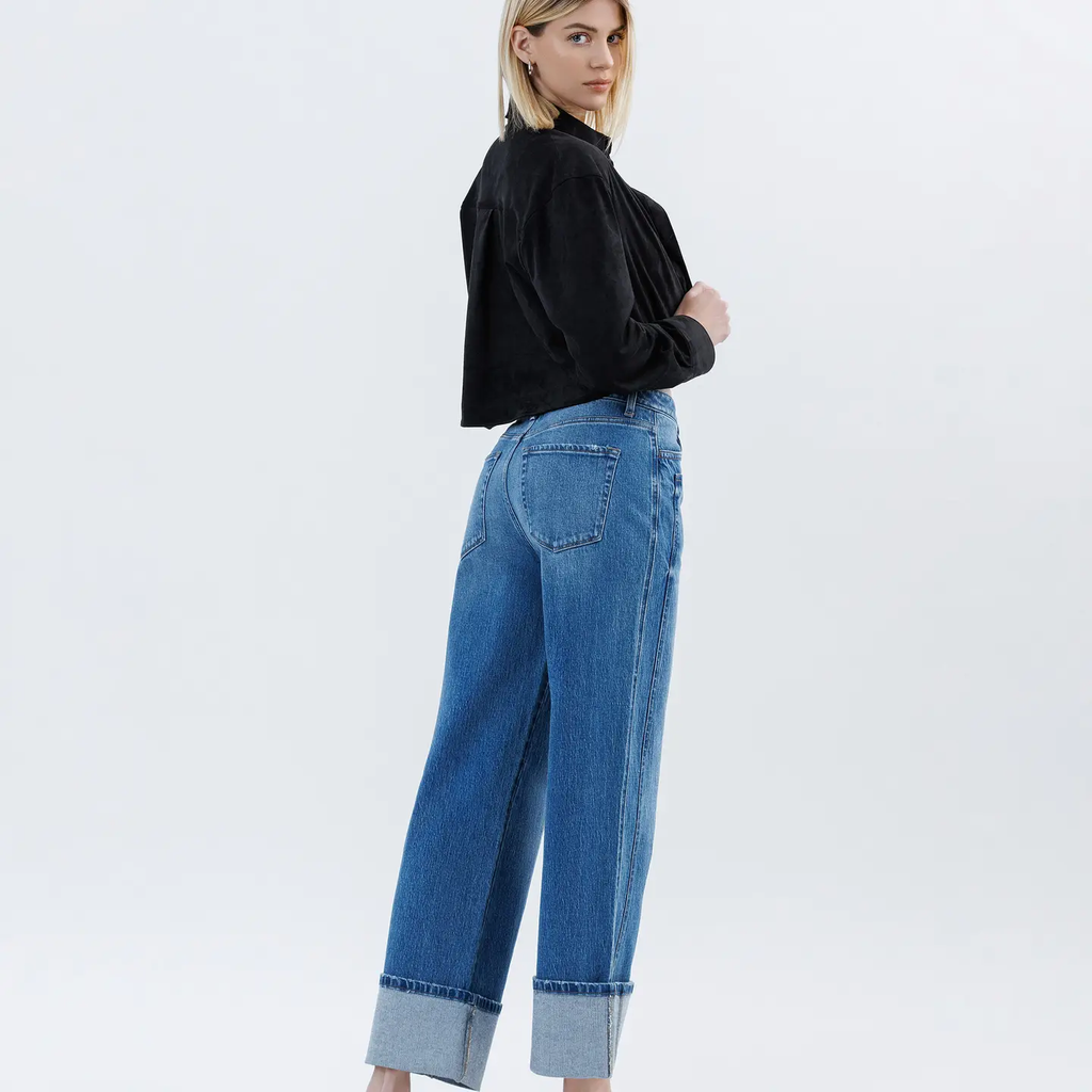 Super High Rise Cuffed Baggy Wide Jeans - Dark Denim 6515