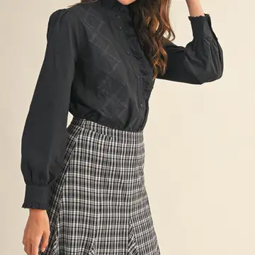 Ruffled Lace Trim Button Down Top - Black