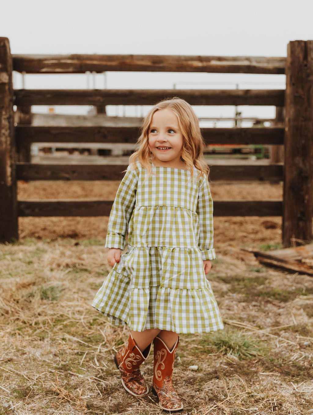 GIRLS GREEN CHECK TIERED DRESS