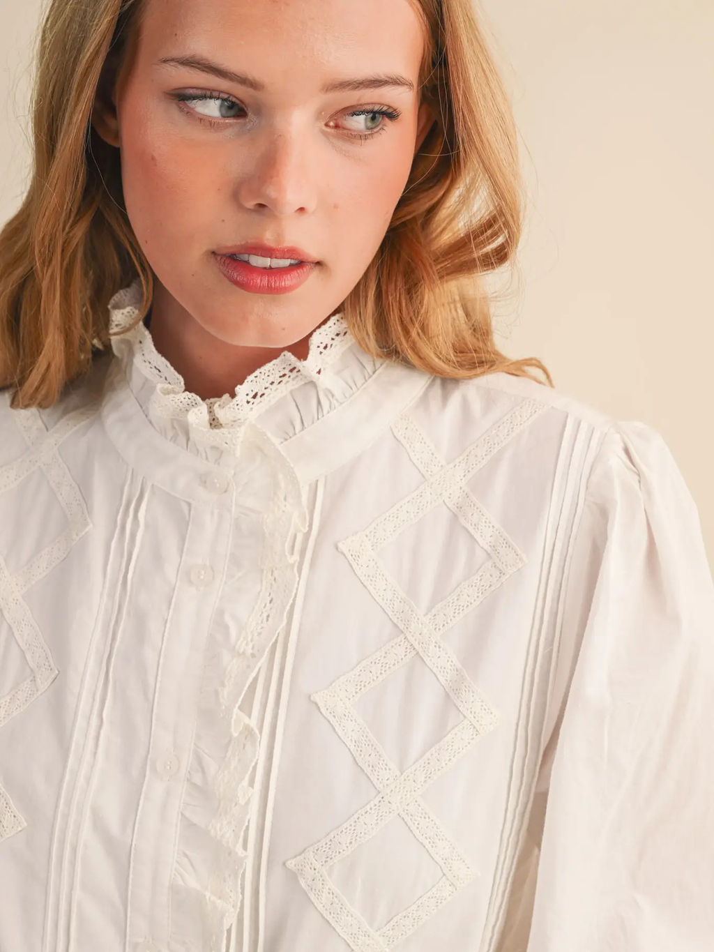 Ruffled Lace Trim Button Down Top