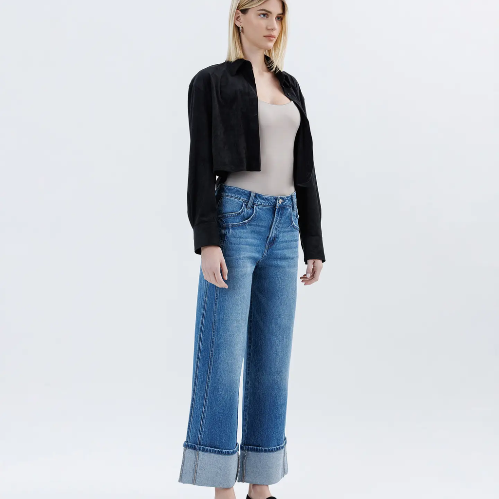 Super High Rise Cuffed Baggy Wide Jeans - Dark Denim 6515