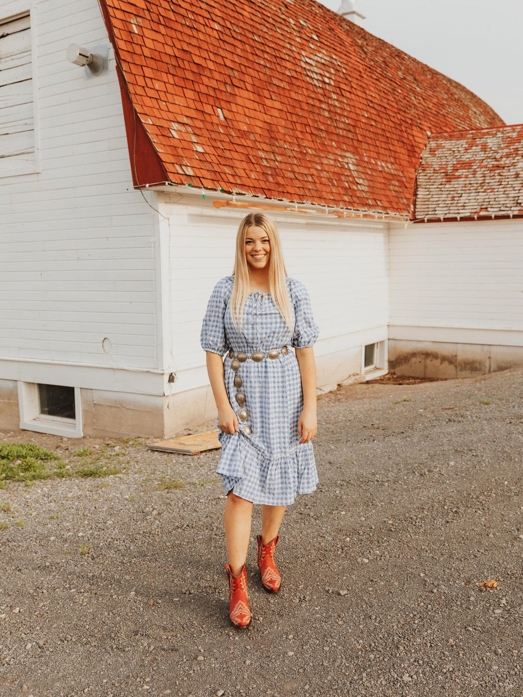 TEXTURED GINGHAM PUFF SLEEVE TIERED DRESS