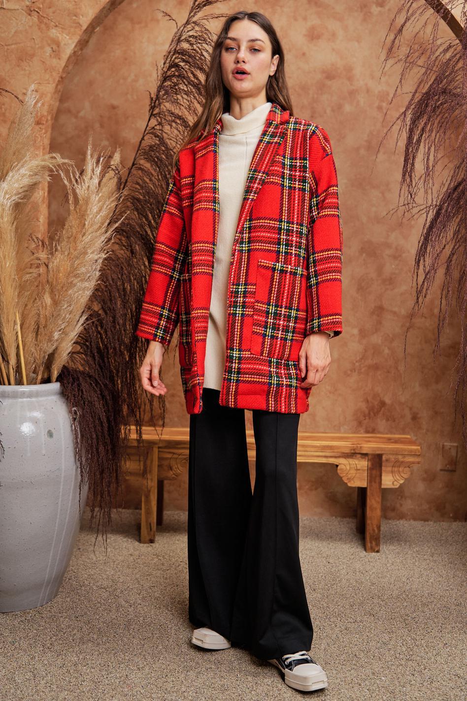 Multi Flannel Loose Fit Pocket Open Long Jacket - Red Multi