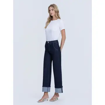 High Rise Dark Wash Cuffed Ankle Wide Leg Jeans - REVENUE