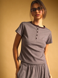 Double Striped Pattern Half Snap Button Top - BROWN