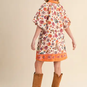 Collared Button Down Floral Mini Dress - IVORY MULTI