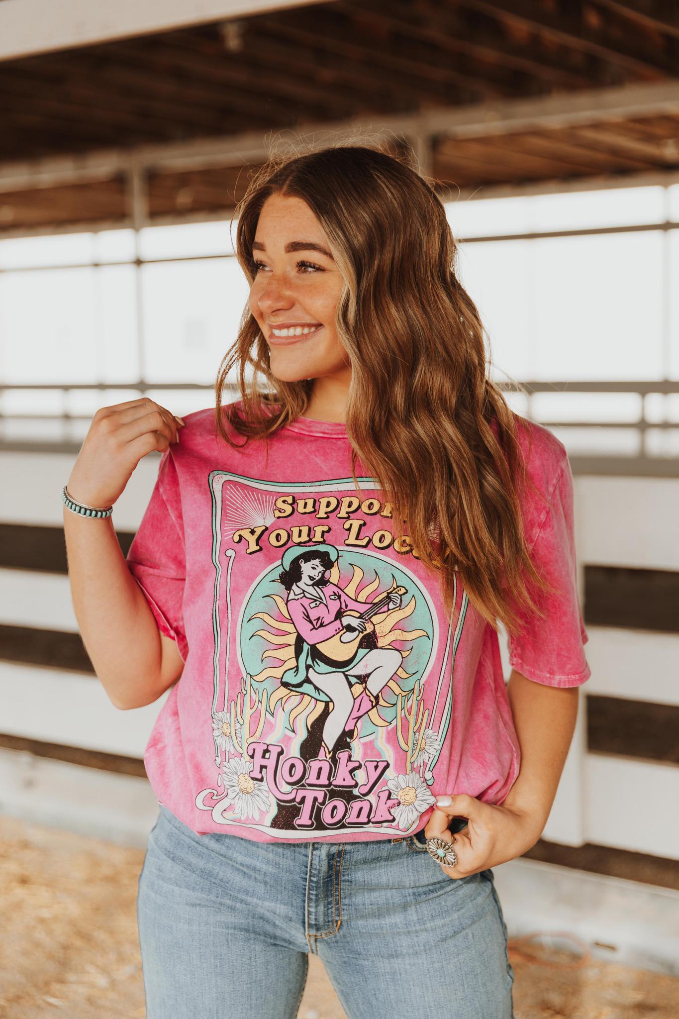 SUPPORT YOUR LOCAL HONKY TONK OVERSIZED MINERAL MAGENTA WASHED T SHIRT