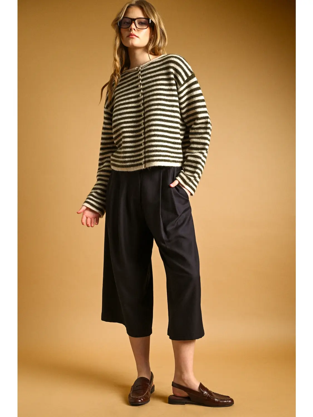 Striped Button Front Sweater Cardigan - OLIVE/OAT