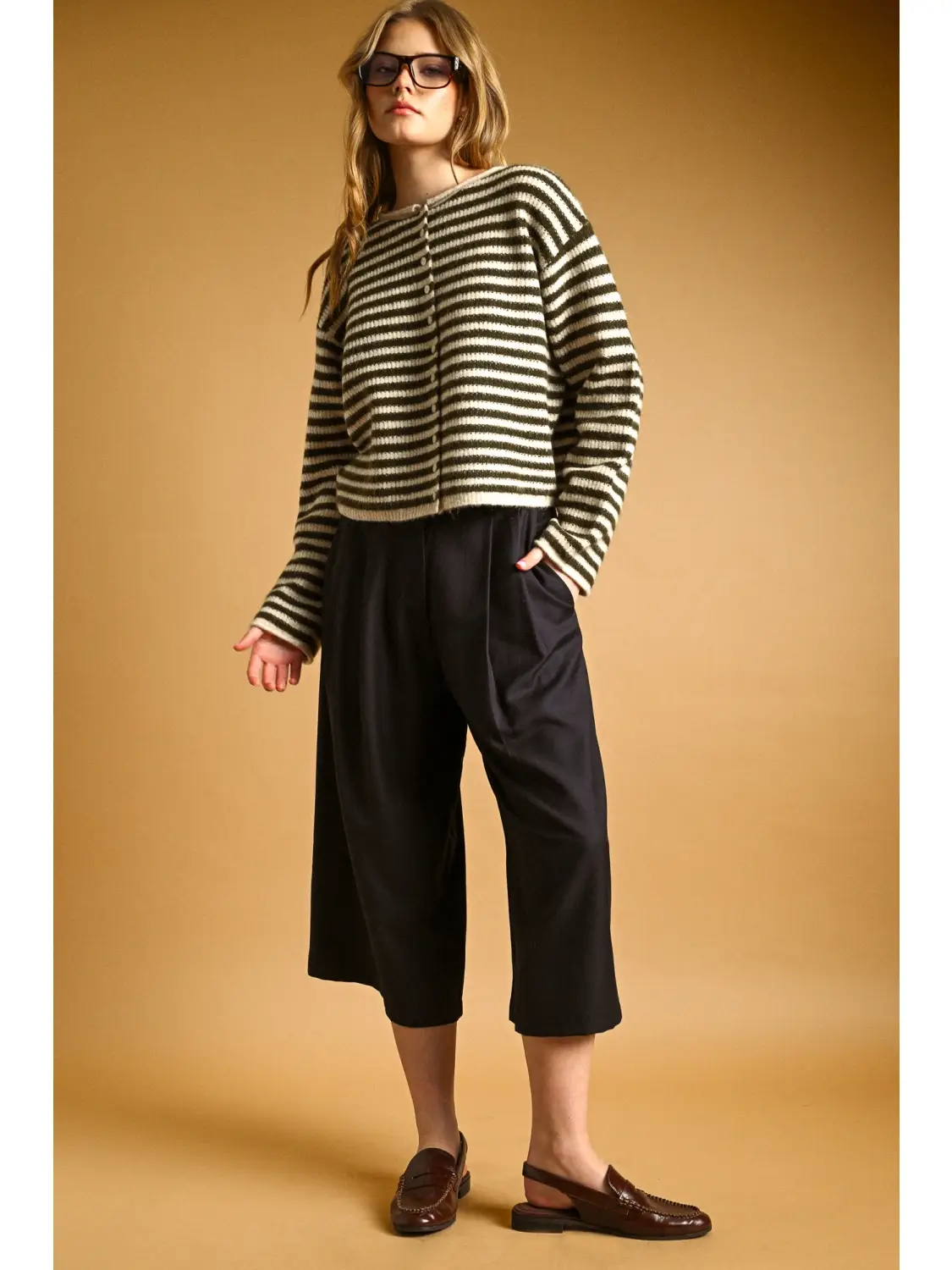 Striped Button Front Sweater Cardigan - OLIVE/OAT