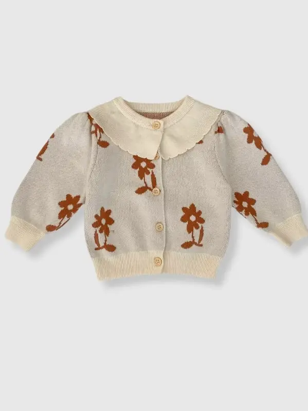 100% Cotton Knit Sweater Cardigan with Peter Pan Collar and Floral Detail