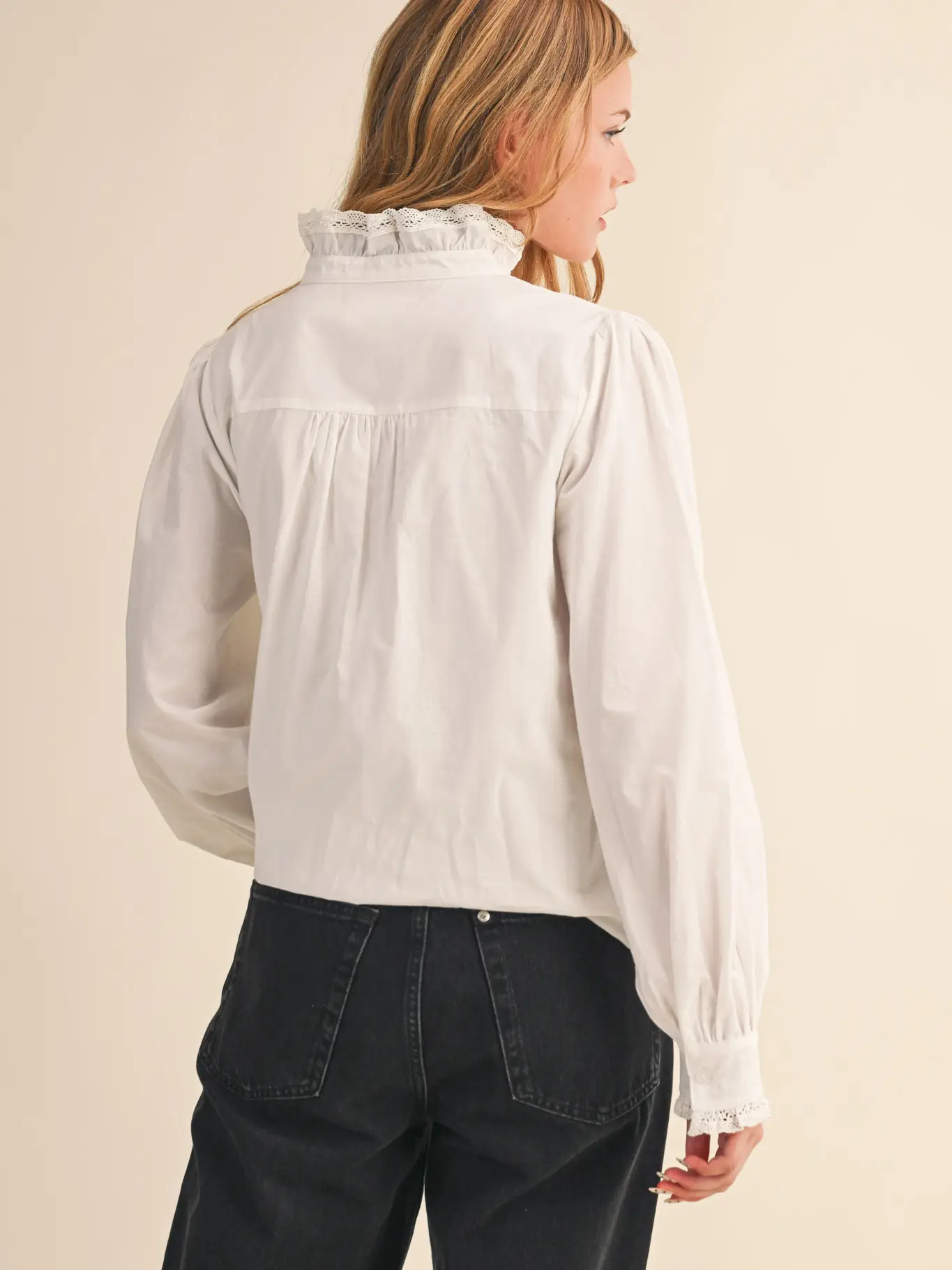 Ruffled Lace Trim Button Down Top - White