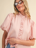 Striped Ruffled Button Down Top - PINK BLUSH