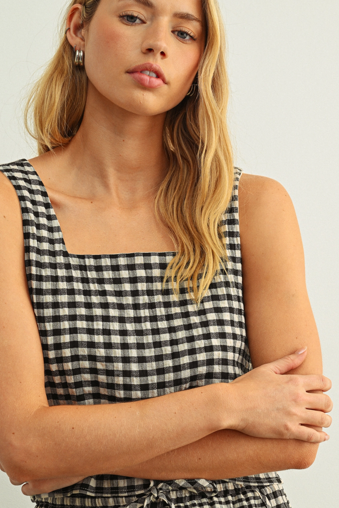 Gingham Square Neck Sleeveless Top - Black/Cream