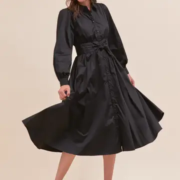 Pintuck Waist Tie Front Midi Dress - Black