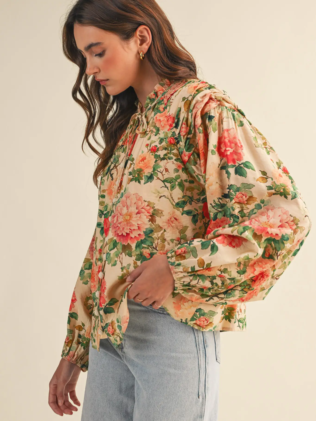 Floral Ruched Button Down Blouse