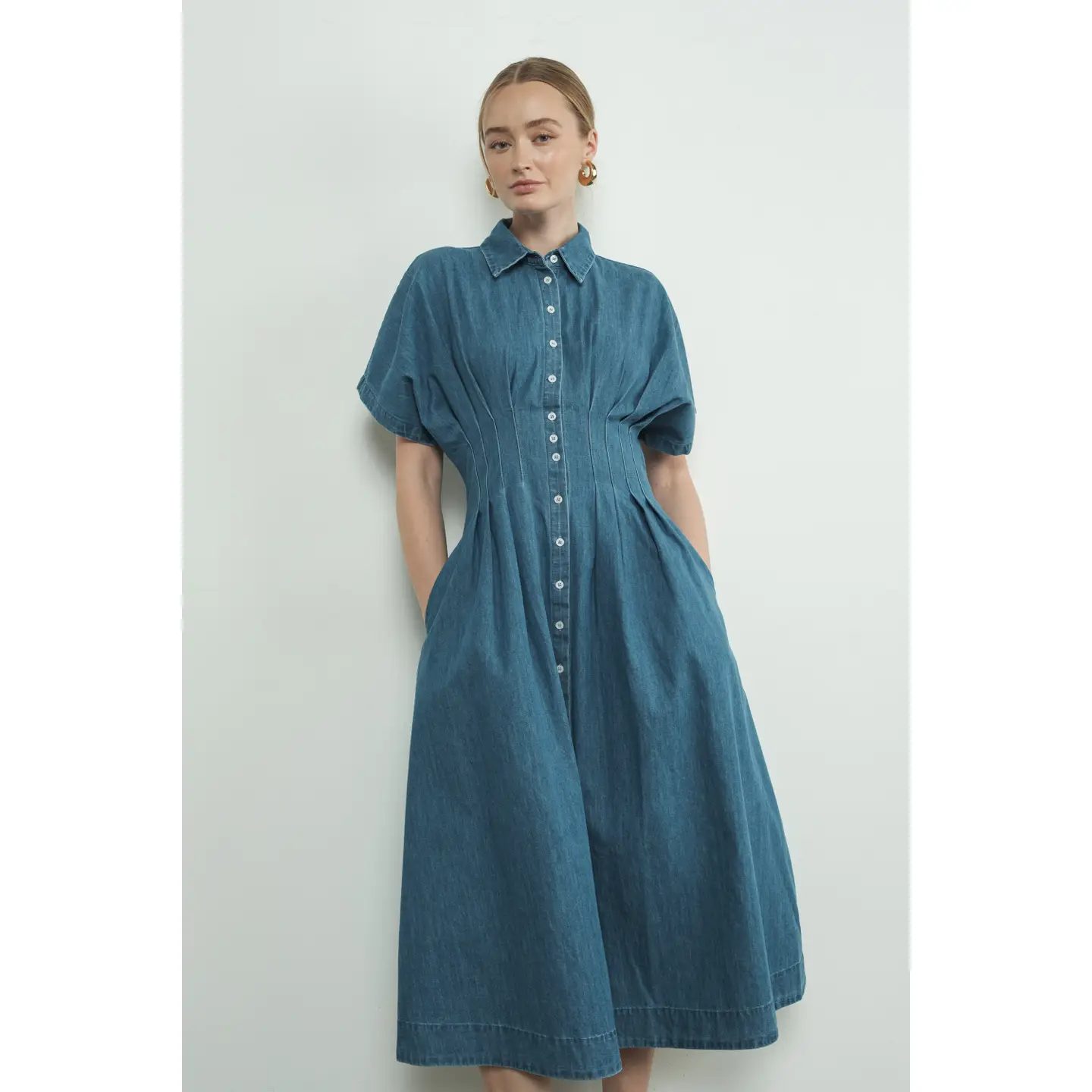 Button Front Pleated Shirts Midi Dress