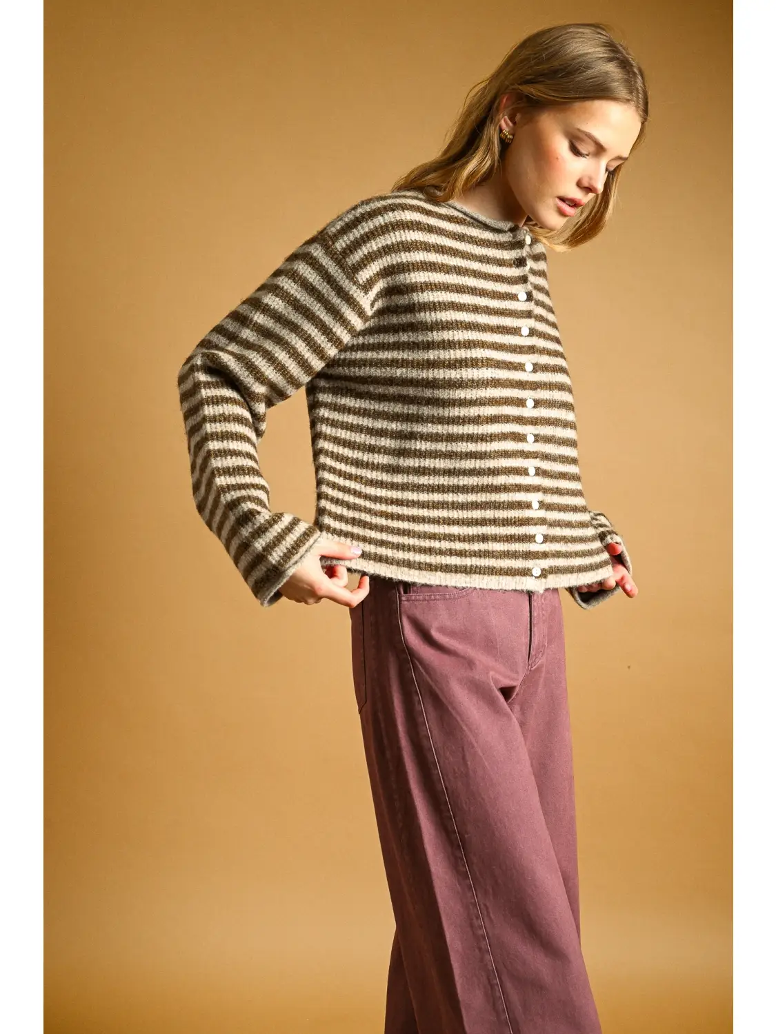 Striped Button Front Sweater Cardigan - MOCHA/OAT