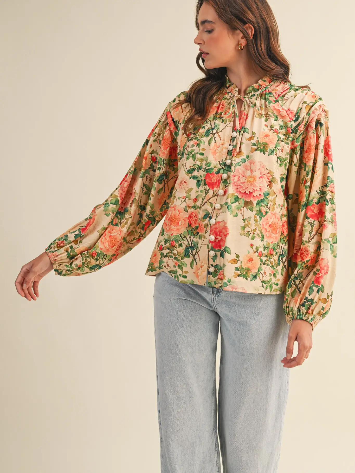 Floral Ruched Button Down Blouse