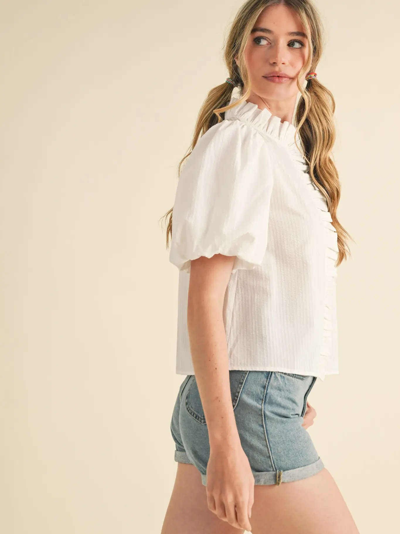 Striped Ruffle Button Down Top - PEACH CORRAL
