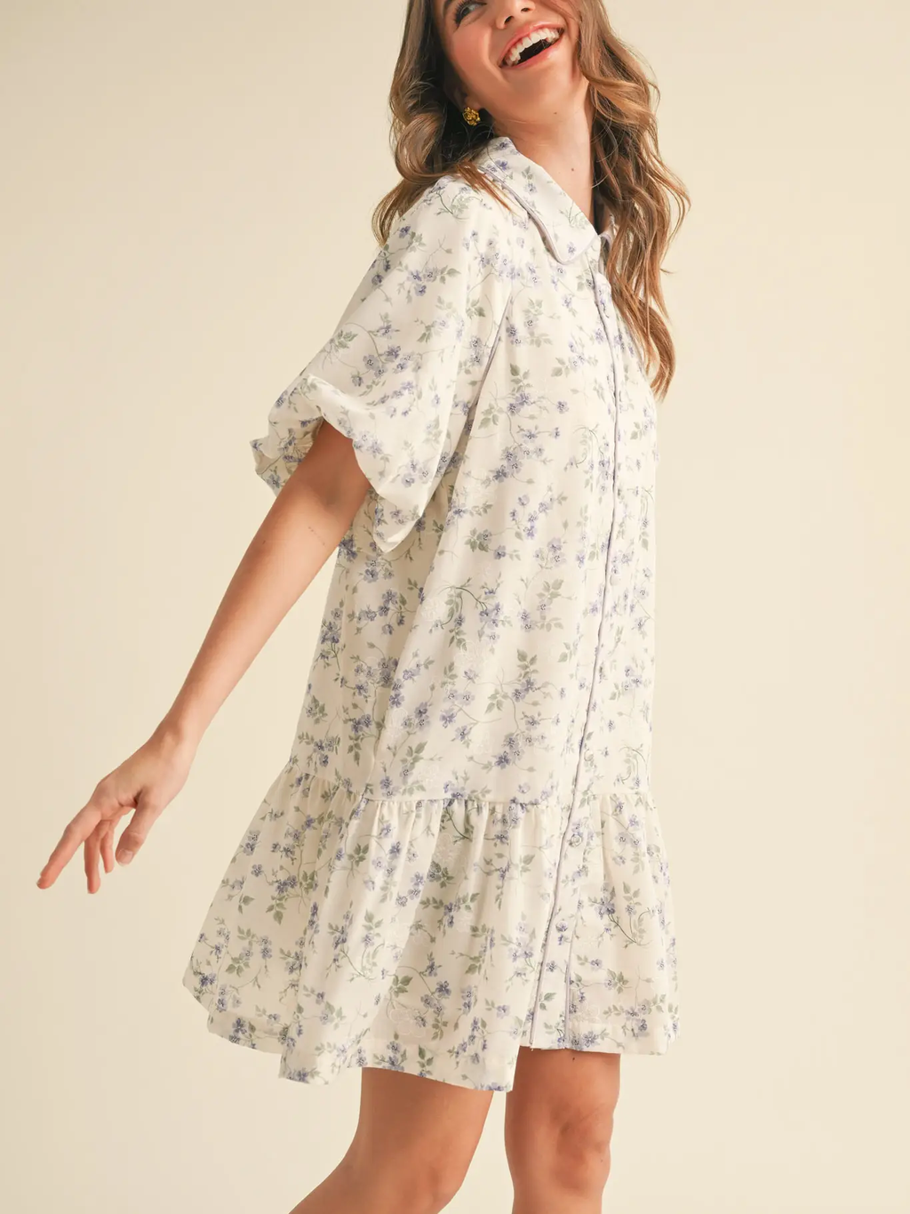 Bubble Sleeve Button Down Floral Mini Dress - GOLDEN YELLOW FLORAL