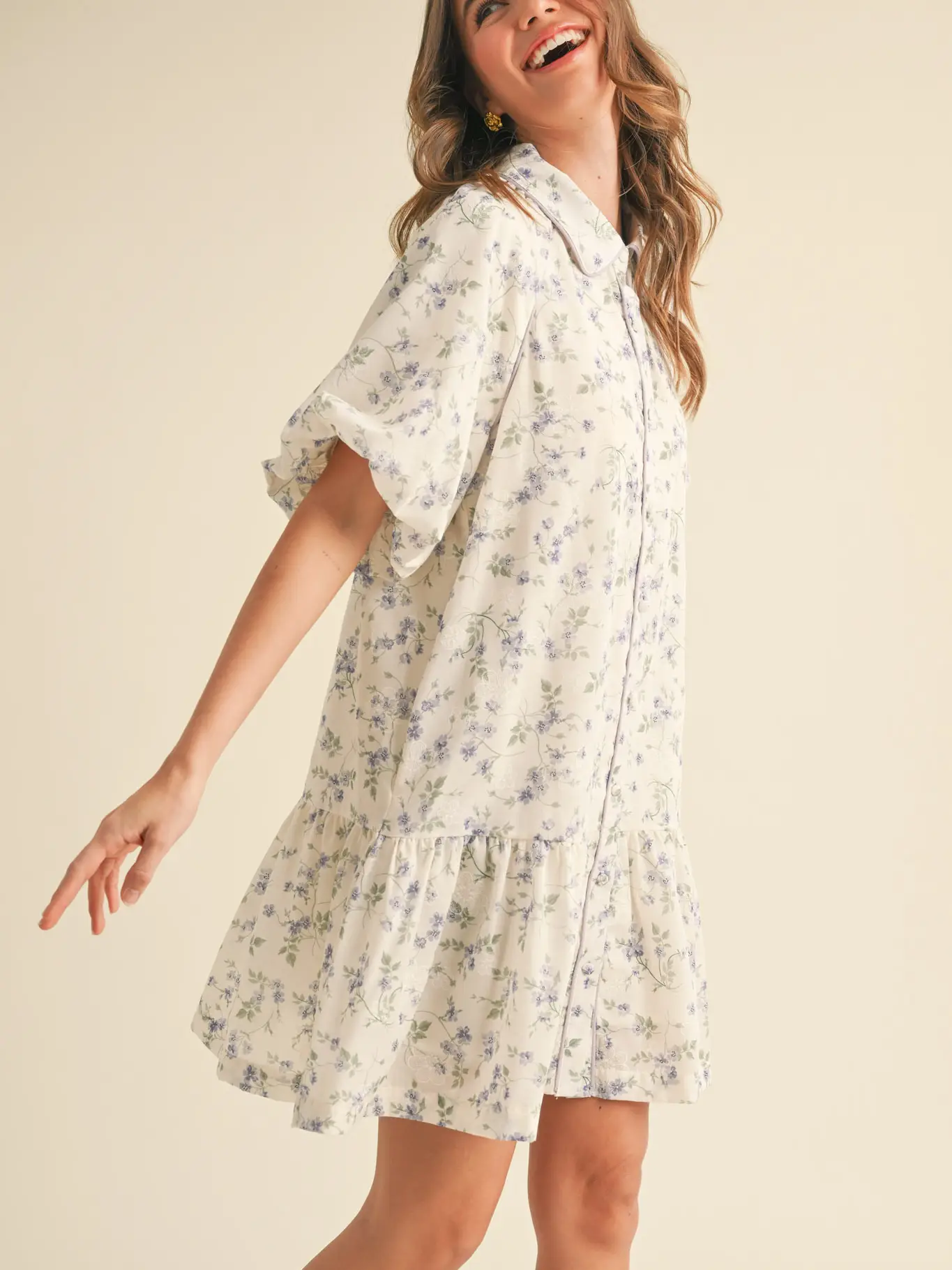 Bubble Sleeve Button Down Floral Mini Dress - GOLDEN YELLOW FLORAL