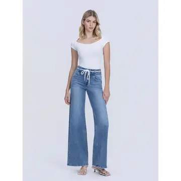 High Rise Double Buttons Drawstring Wide Leg Jeans