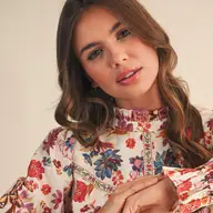 Exclusive Floral Border Print Top with Floral Trim - IVORY MULTI