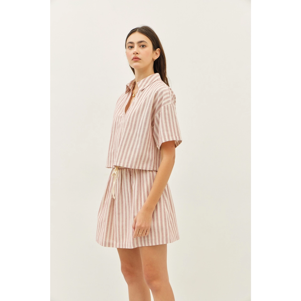 Stripe Mini Skirt with Elastic Band and Pockets - Red