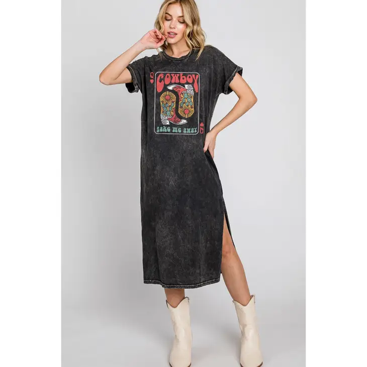COWBOY BOOTS GRAPHIC DRESS - MINERAL WASH BLACK